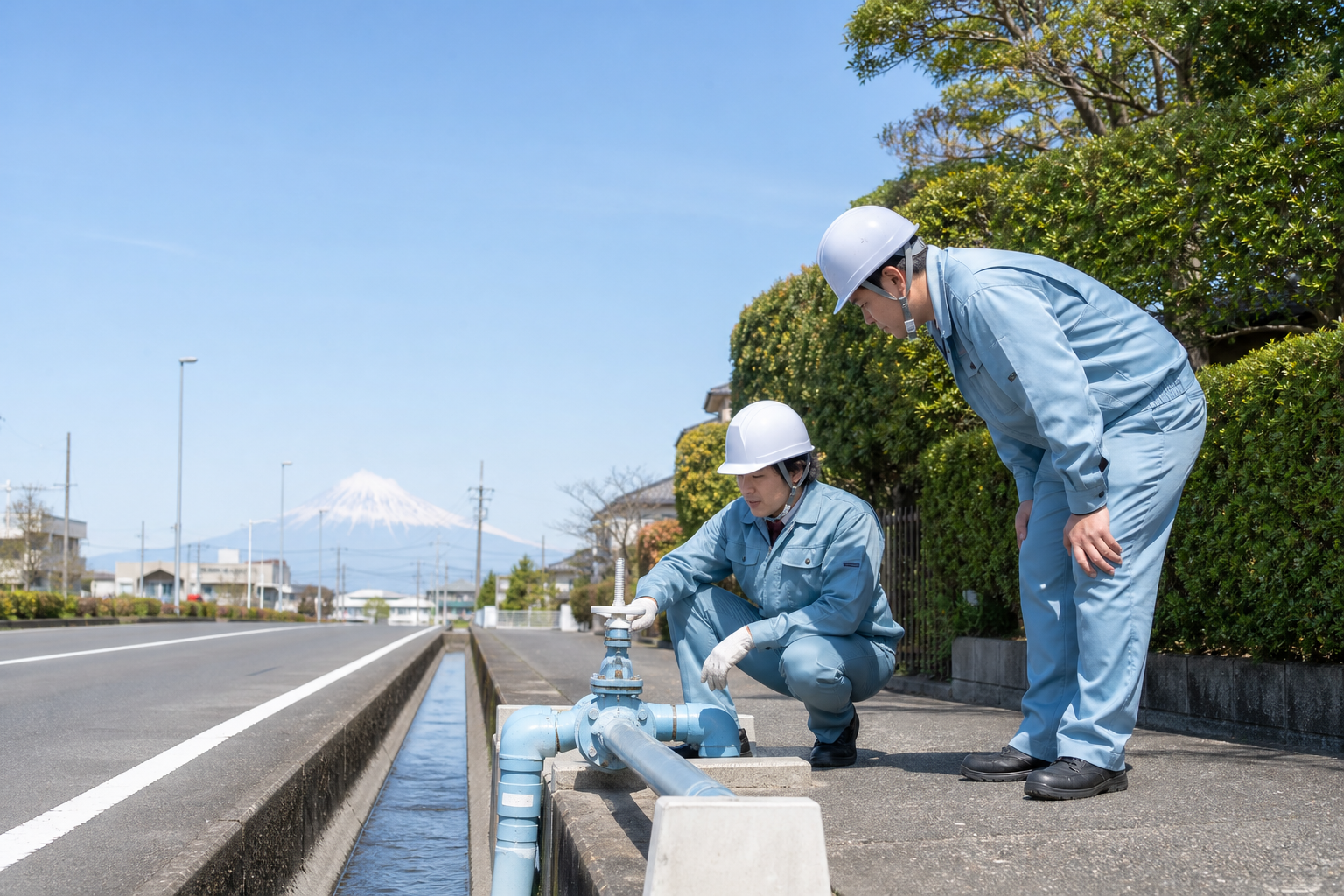 道路沿いで水道設備を点検する日本人技術スタッフ