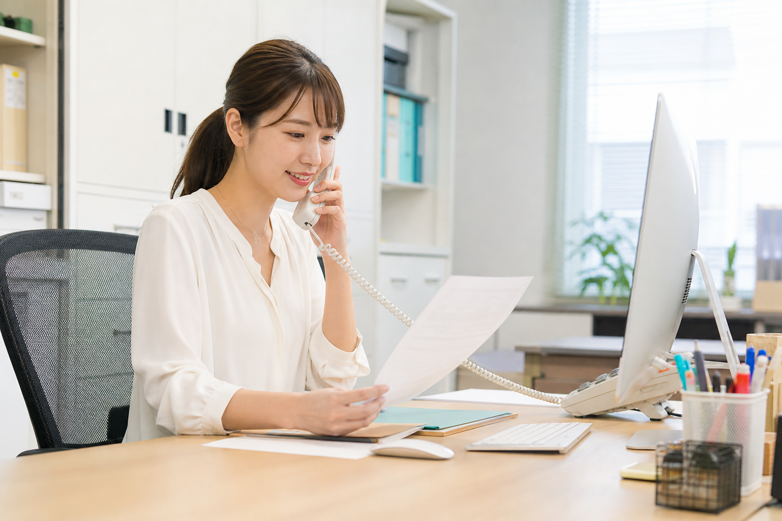 電話対応をしながら受注内容を確認する日本人事務社員