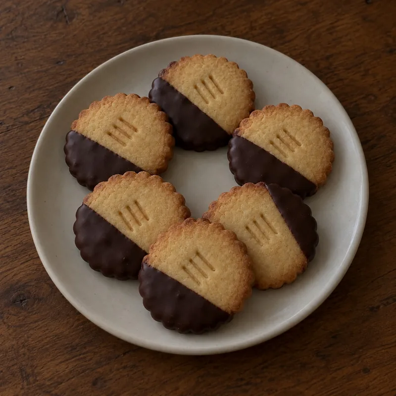 架空の焼き菓子のAI生成作例。木のテーブルと皿に並ぶ、チョコレートを半分掛けた6枚のクッキー。