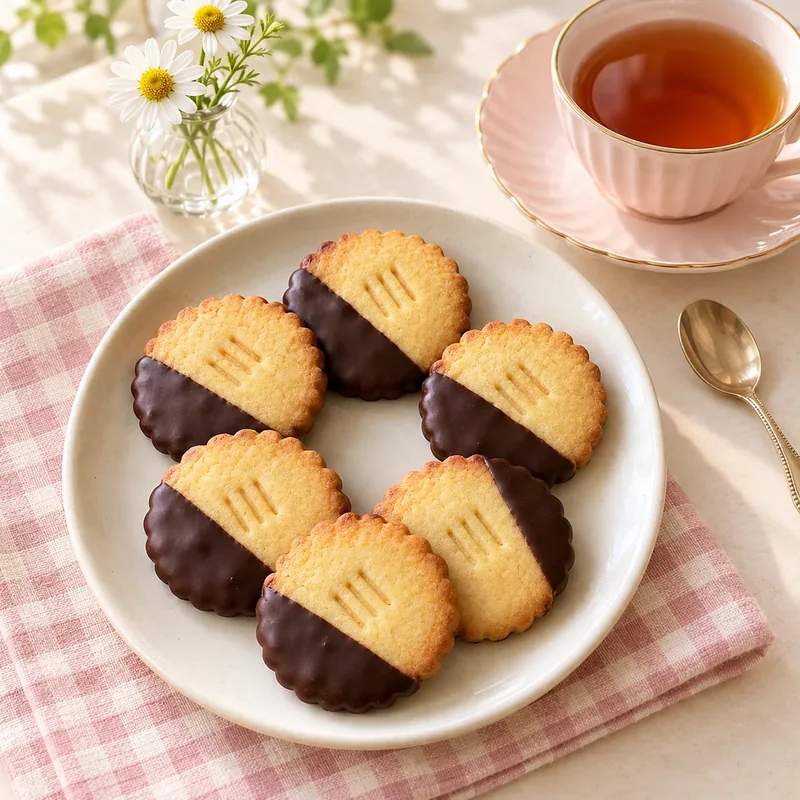 同じ架空のクッキーと紅茶を並べた、かわいいお茶時間のAI生成作例。