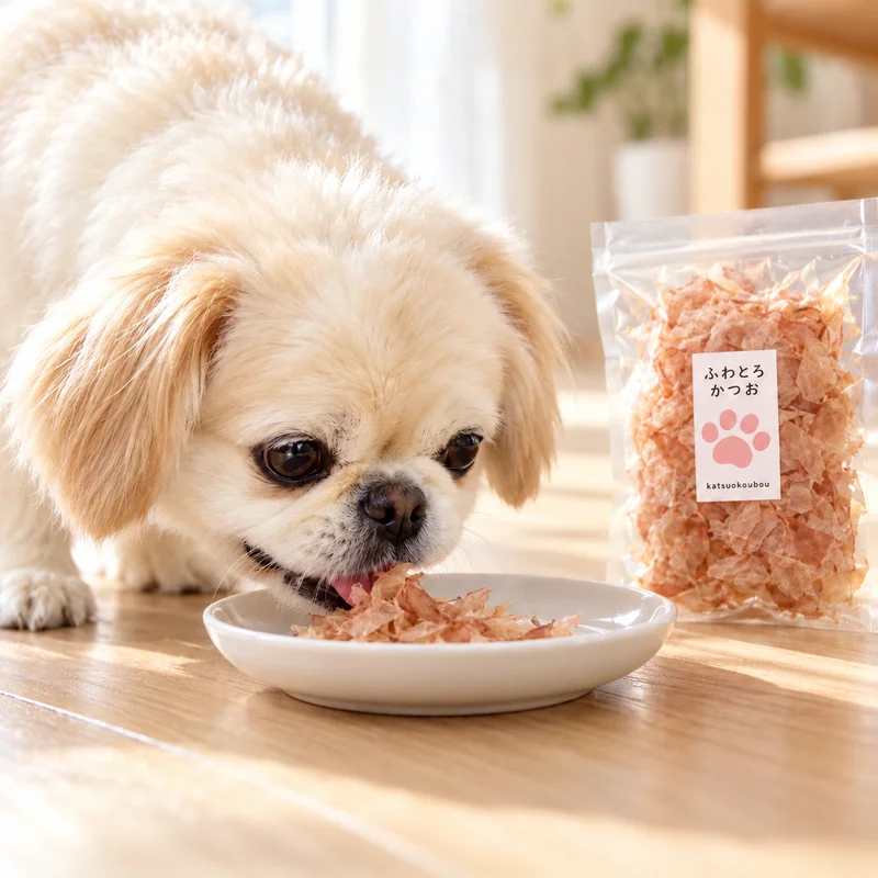 犬が皿のかつお節を食べる場面と袋入り商品を組み合わせたAI生成イメージ。